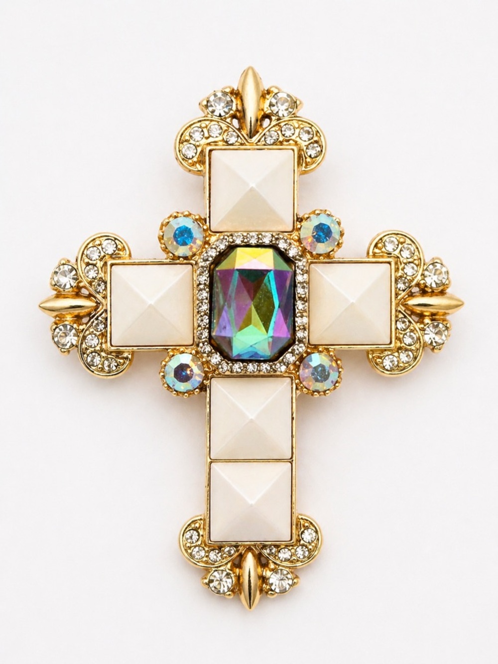 Vintage Style Cross Brooch Gold Tone AB Crystal Faux Pearl Statement Pin Ornate